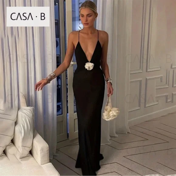 NEW!💫CASA B| Madeline Rosette flower Appliqué Deep V Sheer Long Slip Maxi Dress - Picture 1 of 11